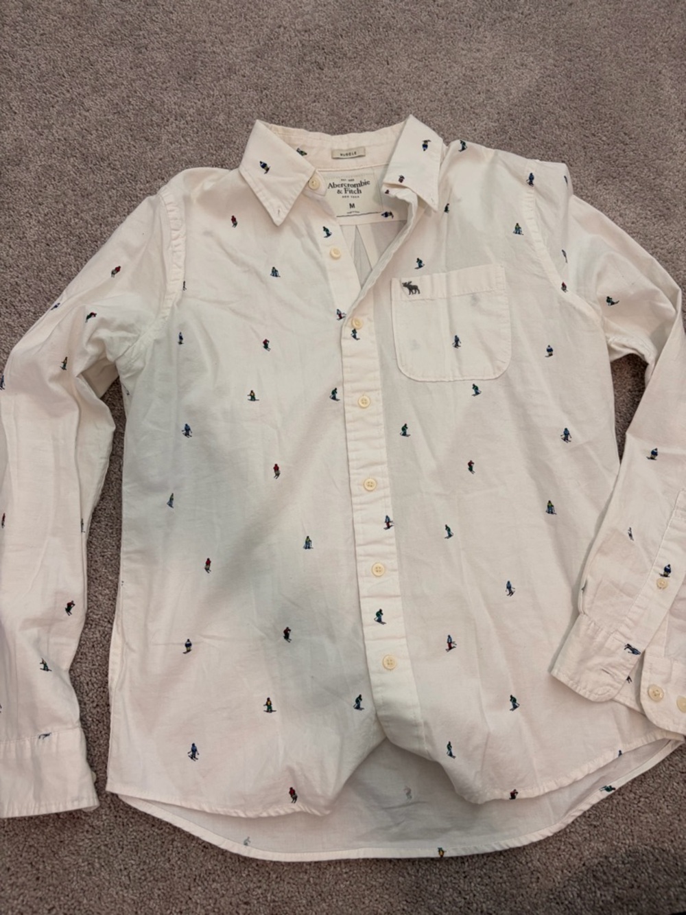 Abercrombie & Fitch Men’s White Button-Down Shirt with Multi-Color Embroidery